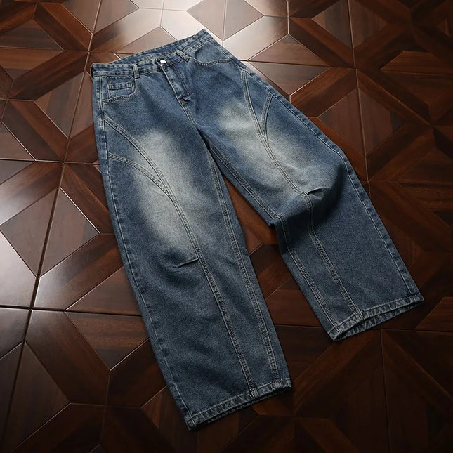 Spring New American Curved Washed Man Pants Loose Vintage Street Denim Regular Straight Wide Leg Jeans Men