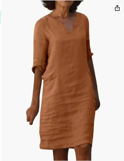 Damenkleid einfarbig Rundhals Baumwollleinen V-Ausschnitt Spleißen Retro Dreiviertelarm Sommer Damen Leinen-Baumwoll-Kleid