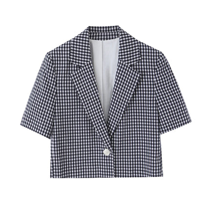 KONDALA Chic Fashion 2026 Casual Women Plaid Suit Summer Buttons Short Blazer+ Zipper Straight Long Pants Female Elegant Suits