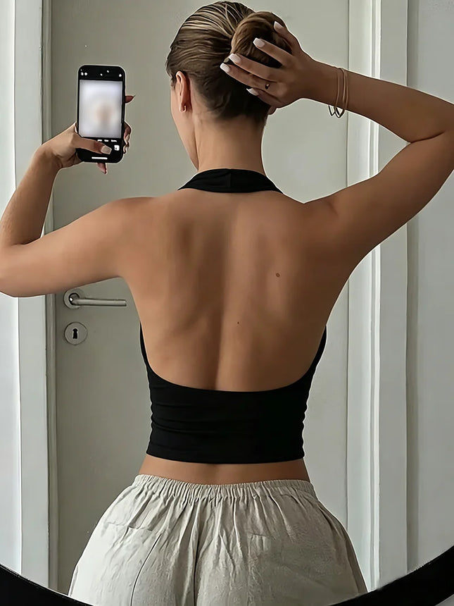 Summer Casual Elegant Sexy Comfortable Solid Color Hanging Neck Sleeveless Backless Vest Top - product image 2