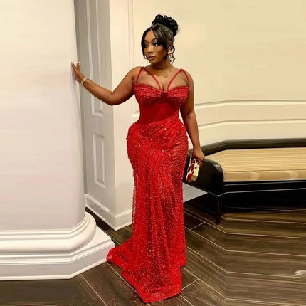 Sexy Lace Mermaid African Women's Evening Dress Luxury Beaded Pearl Formal Event Party Dress Red Prom Dress Customization