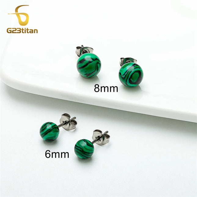 Charming Malachite Stone Earrings 6mm 8mm Green Ball Ear Studs Hypoallergenic Titanium Earings for Women - product image 6