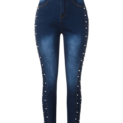 Slimming, Hip-lifting, High-waisted, Small-leg Jeans, Four Seasons New Fashionable Diamond-beaded Casual Pencil Jeans for Women