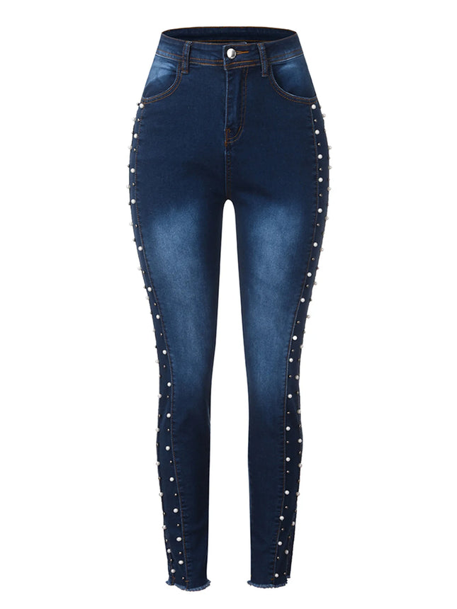 Schlankmachende, Po-formende, High-Waist, schmal geschnittene Jeans, Vier Jahreszeiten neue modische diamantbesetzte lässige Bleistiftjeans für Damen