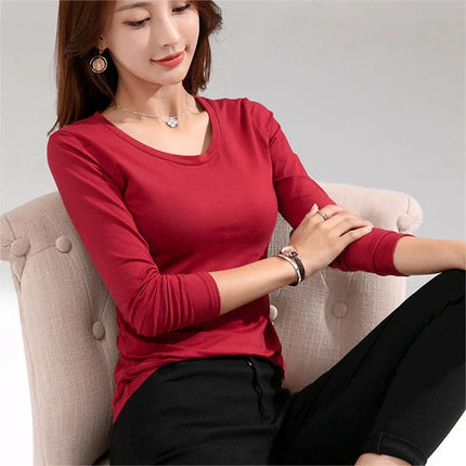 Brand T-shirt Slim Pure Cotton 95% T-shirt Long-sleeved for Thin White Tops Woman Tees Shirt
