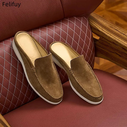 Apricot Men's Cow Suede Leather Slip-on Loafers British Style Flat Casual Dress Boat Shoes Lightweight Comfort Moccasins for Men