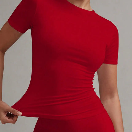 Women's White Solid Round Neck Short Sleeve Fitted T-Shirt for Summer Casual Wear