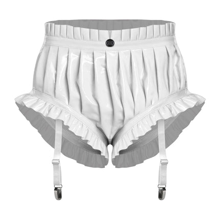Women Wet Look Pu Leather Shorts Sexy Ruffle Ruched Booty Shorts High Waist Hot Pants Slim Fit Shorts with Garter Rave Clubwear