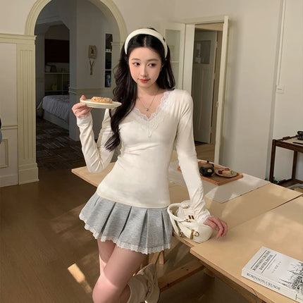 French Lace Spliced Long Sleeve V Neck Shirt Slim Fit Casual Blouse Basic Autumn Top Regular Shoulder