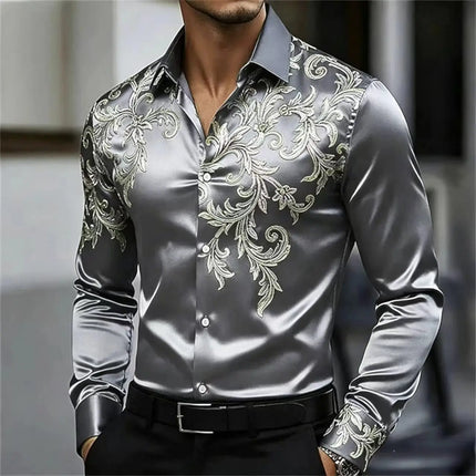 Men's Satin Paisley Printed Shirt Luxury Glossy Long Sleeve Casual Button Down Dress Shirts Nightclub Party Wear