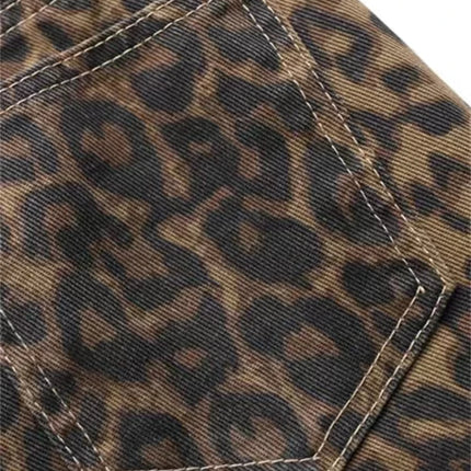 Tan Leopard Jeans Women Denim Pants Female Oversize Wide Leg Trousers Streetwear Hip Hop Vintage Clothes Loose Casual