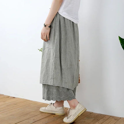 100% Cotton Linen Mori Girl Floral Embroidery Hem Wide Leg Pants Skirt Aesthetic Fairy Grunge Medieval Loose Distressed Trousers