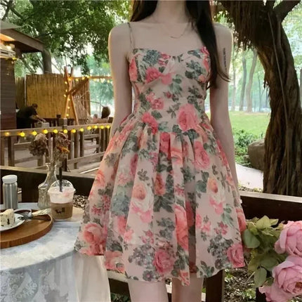 Elegant High-waisted Slimming Floral Tank Dress For Women Spring Summer French Style Petite Mini Dress A- line Sleeveless