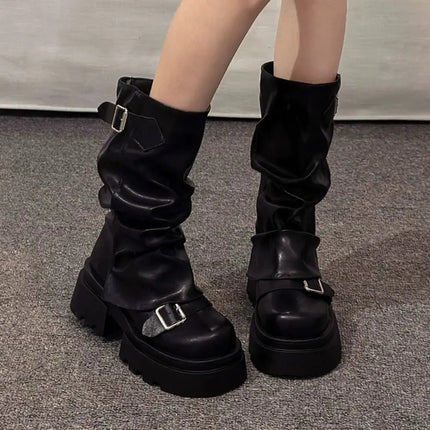 New Design Women Biker Boots Platform Belt Buckle Women's Knee High Booties Harajuku Gladiator Y2K Punk Mid Pipe Booties Girls