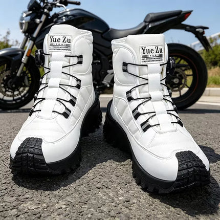 Functional Knob-Adjustable Motorcycle Riding High-Top Boots, Black Anti-Collision Toe Cap, Non-Slip Thick-Soled Motorcycle Shoes, Waterproof and Wear-Resistant Outdoor Off-Road Work Boots, Rider Commuter Anti-Fall Motorcycle