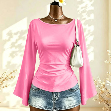 Women Boat Neck Flare Long Sleeve Side Ruched Fitted Casual Blouse Slim Fit Basic Top