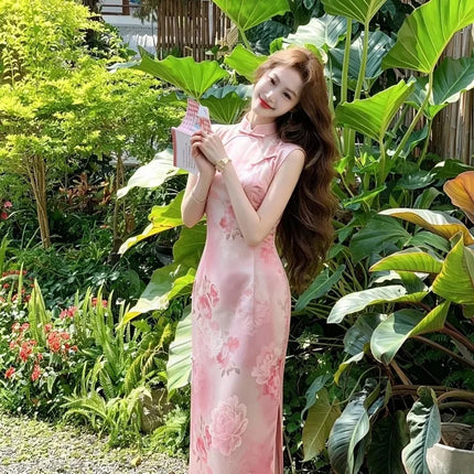 Womens Pink Floral Sleeveless Qipao Improved Chinese Style Maxi Dress