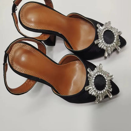 2025 European and American Women's New High Heel Sandals Sunflower Water Diamond Buckle High Heels Pointed Heel Satin Shoes