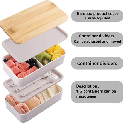 Adult Bento Lunch Box, 2-Tier Food Storage Container Set with Cutlery for Kids/children, Crisper Microwave and Dishwasher Safe