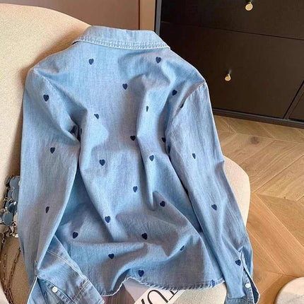 American Retro Blue Soft Denim Shirt Women's Spring Autumn Heart Print Thin Coat Casual Versatile Loose Long Sleeve Top Shirt
