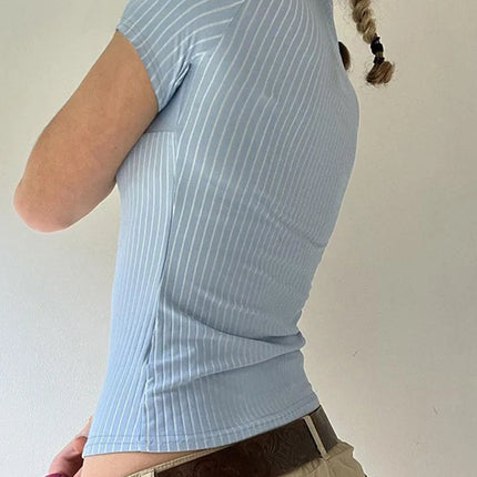 Sweetown Blue Stripe Short Sleeve Shirts For Women Button Up Turn Down Collar Slim Simple Casual Preppy Tops Basic Summer Tees