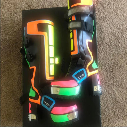 Club Punk Style Knee High Boots Colorful Platform Heels Cybertron Babe Boots Womens Neon Lug Heel Bling Straps Long Boot