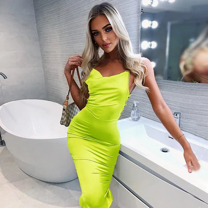 Neon Satin Lace Up Long Midi Dress Light Pink Bodycon Backless Elegant Party Sexy Club Clothes Summer Dinner
