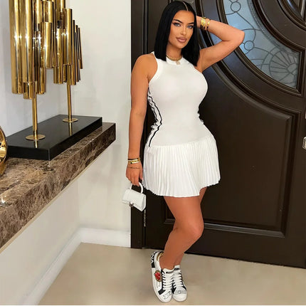 Women's Sleeveless Side Striped Stretch Pleated Mini Dress for 2025 Summer Sexy Casual Short Dresses Sports Streetwear Clothing