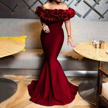Elegant Evening Party Long Dresses Women Ruffles Off The Shoulder Slim Fit Mermaid Dress Solid Color