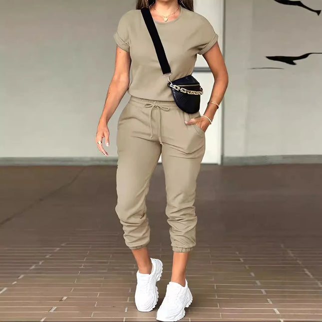 Damen-Hosen-Set, zweiteilig, Rundhals, Kurzarm-Shirt, lange Hose, Schnürung, elastischer Bund, Y2k Streetwear, Alltagskleidung, 2026