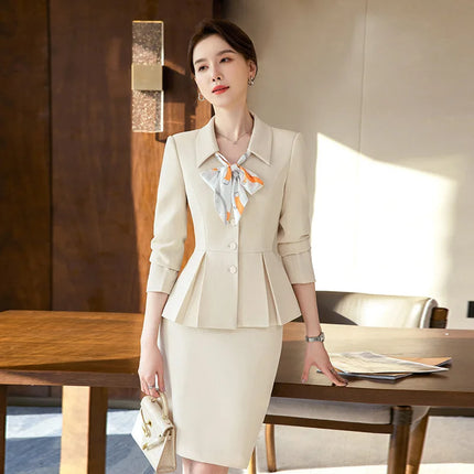 2024 New Spring Female Elegant Women's Skirt Suits Apricot Navy Blue Blazer +Trouser Bussiness Jacket Office Lady 2 Pieces Set