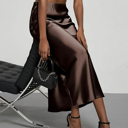 Women's Satin Midi Skirt, High‑waisted Slim Straight, Elegant Draping, Mature Versatile for Commute, Vacation & Parties