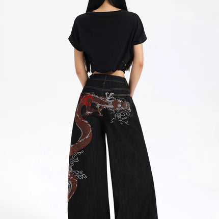 European And American Millennium Asian Cool Style Loose Jeans Traditional Dragon Pattern Embroidered High Waist Wide Leg Pants