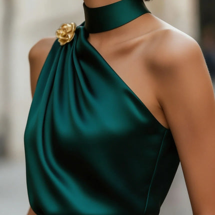 Chic Halter One Shoulder Satin Draped Dark Green Blouse, Sleeveless Top For Party & Office Women