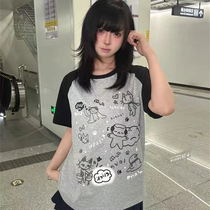 Women Japanese Cartoon Printing Tops E-girl Fairycore Contrast Color Cute Graphic T Shirt Y2k Aesthetics Grunge Casual T-shirt