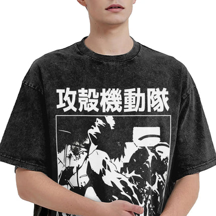 Vintage Washed T-Shirts Ghost In The Shell Print T Shirt Men Women Clothing Cotton Tee Shirt Summer Short Sleeve Streetwear