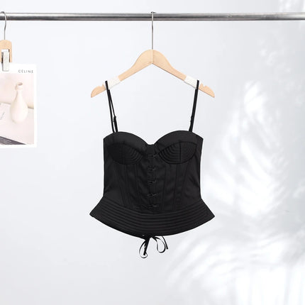 Sexy Fishbone Spaghetti Strap Corset Women's Slim Waist-cinching Backless Lace-up Tank Tops 2026 Summer New Female Pleated Top