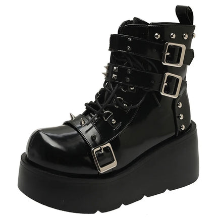 Brand New Ladies Goth Platform Ankle Boots Fashion Buckle Zip Rivet Punk Wedges High Heels Womens Boots Party Street Woman Shoes