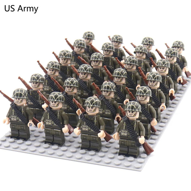 WW2 24pcs/Lot Military Soldiers Building Blocks Set Weapons Soviet US UK China France Army Action Figures Bricks Toys Kids Gifts