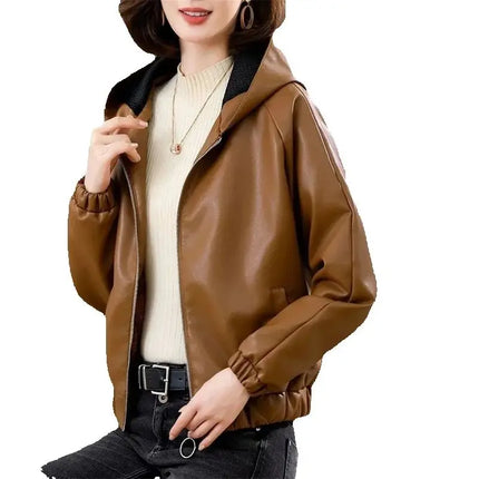 Velvet PU Leather Coat Woman 2025 New Fur Jacket Autumn Winter Hooded Loose Outerwear Slim Short Leather Jackets Ladies Outcoat