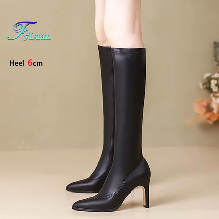 Spring Autumn Elastic Leather Boots For Women 6CM 8CM High Heels Side Zipper Knee-high Boors Fashion Pointed Winter Woman Shoes