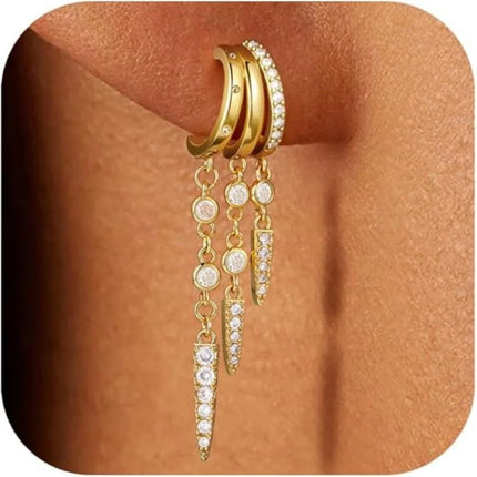 14k Gold Plated Triple Huggie Stud Earrings for Women Sparkling CZ Chain Tassel Hypoallergenic Dangle Earrings Jewelry Gifts