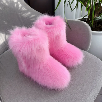 Women Faux Fur Fluffy Plush Furry Boots Comfortable Female Snow Boots Fur Shoes Outdoor Mid Calf Boots
