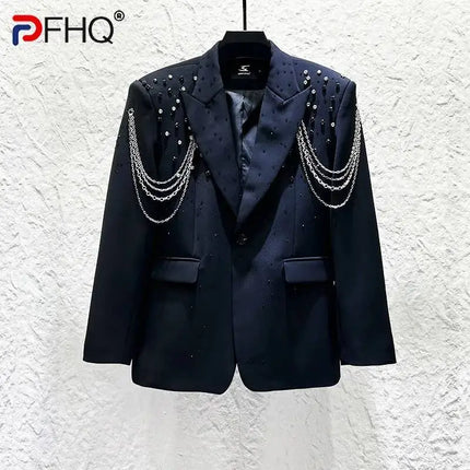 PFHQ Metal Chain Diamond Men Suit Jacket High Street Fashion Performance Handsome Male Blazer 2026 Summer New Trend 21P3896