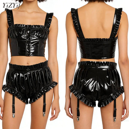 Women Wet Look Pu Leather Shorts Sexy Ruffle Ruched Booty Shorts High Waist Hot Pants Slim Fit Shorts with Garter Rave Clubwear
