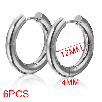 6pcs Stainless Steel 4mm Thick Earrings Gold Plated Large Round Korean Ear Rings Hoop Earring for Women Female Jewelry Luxury