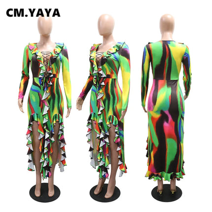 CM.YAYA Women Ruffles Splicing V-neck Long Sleeve Bodycon Maxi Long Dress 2026 Autumn Birthday Sexy Club Party Even Dresses