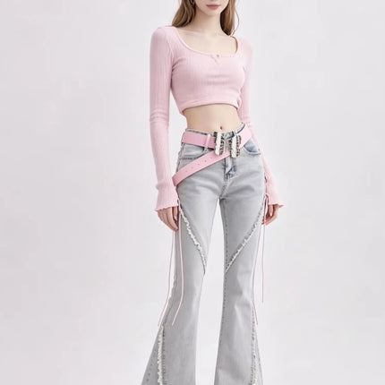 Harajuku Streetwear Retro Fashion Women High Waist Jeans Horn Fork Design Wide Leg Straight Loose Denim Trousers Y2K Baggy Pants