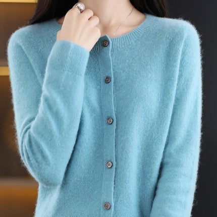 New Fashion Spring 100% Merino Wool Womens O-neck Cardigan Cashmere Sweater 2024 Female Clothing Grace Knitwear Korean Tops
