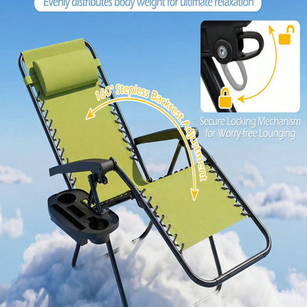 Portable Zero Gravity Chair With Cup Tray & Backrest, Lockable Reclining Anti-Gravity Lounger, Quick-Fold Outdoor Patio Recliner With Pillow, Lightweight Folding Yard Chair With Carry Handle